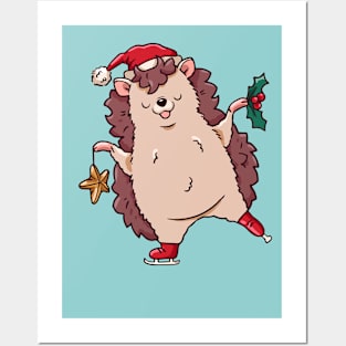 Cute Cartoon Christmas Ice Skating Hedgehog Posters and Art